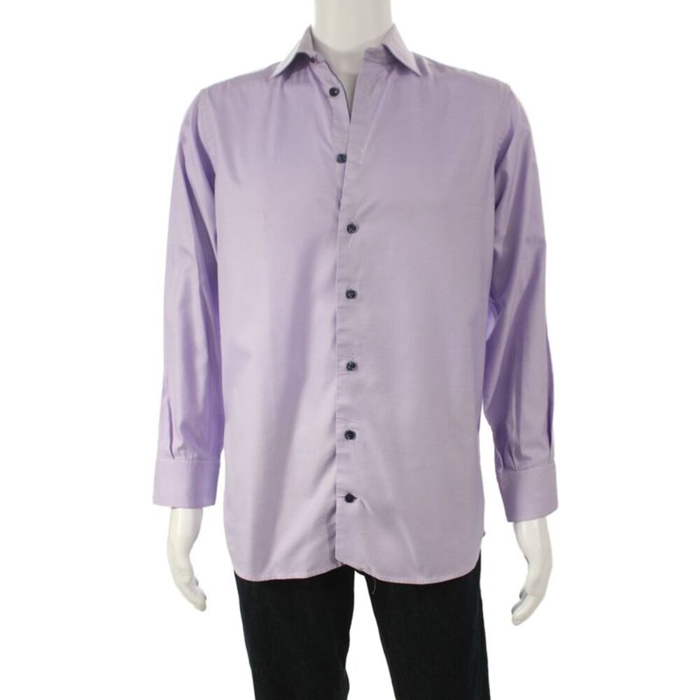 Eton Mens Purple 100% Cotton Solid Dress Shirt Standard Cuff 34/35 Size 15.5